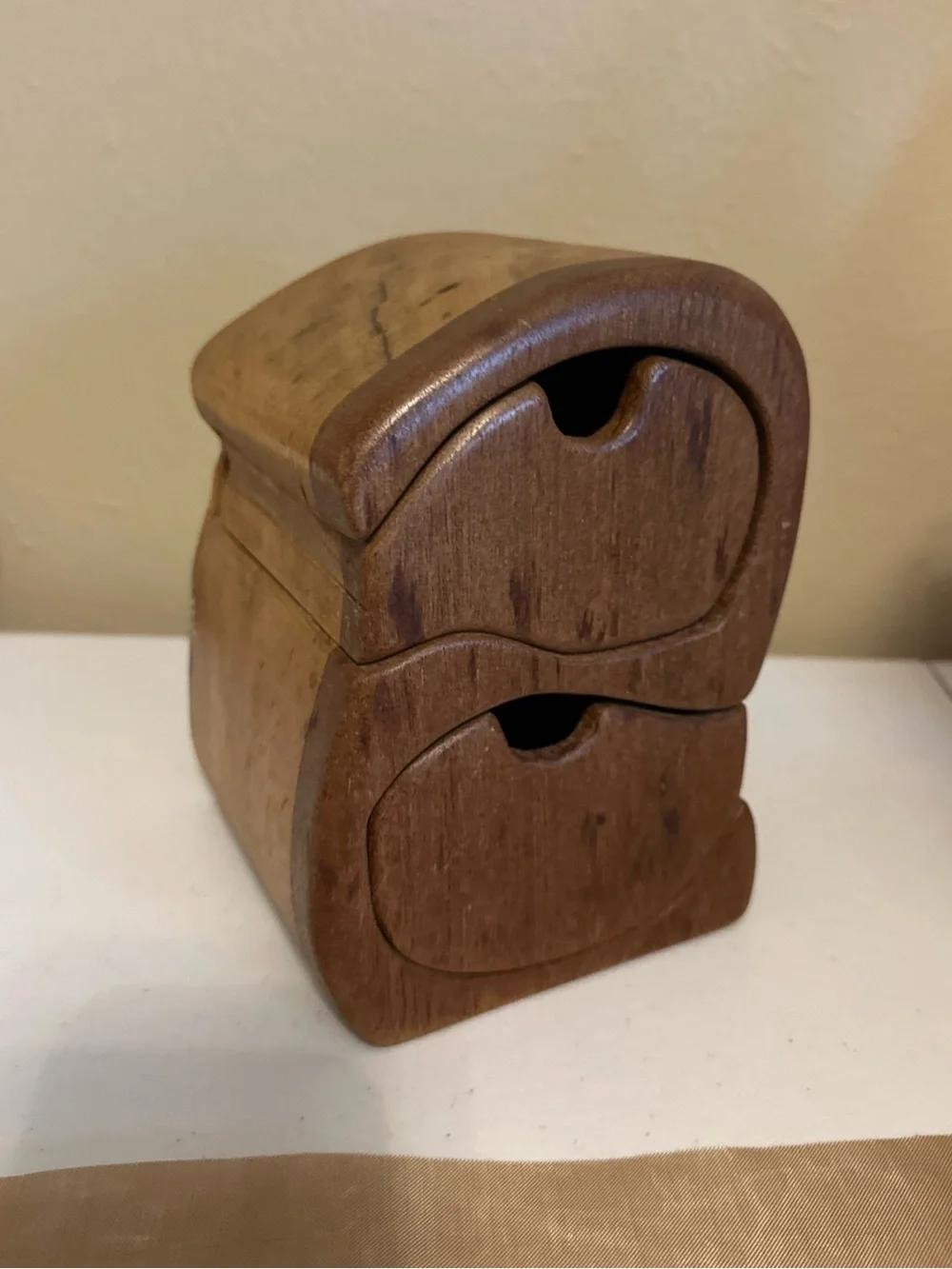 VTG abstract Small Wooden Two-Drawer Jewelry Box - Warm Brown handcarved